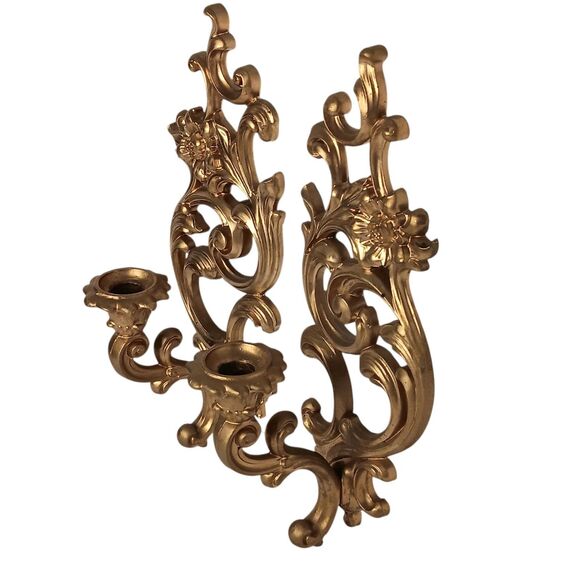 VTG Pair Syroco Gold Ornate Floral Scroll Candle Sconce Hollywood Regency #5133 - Picture 2 of 16